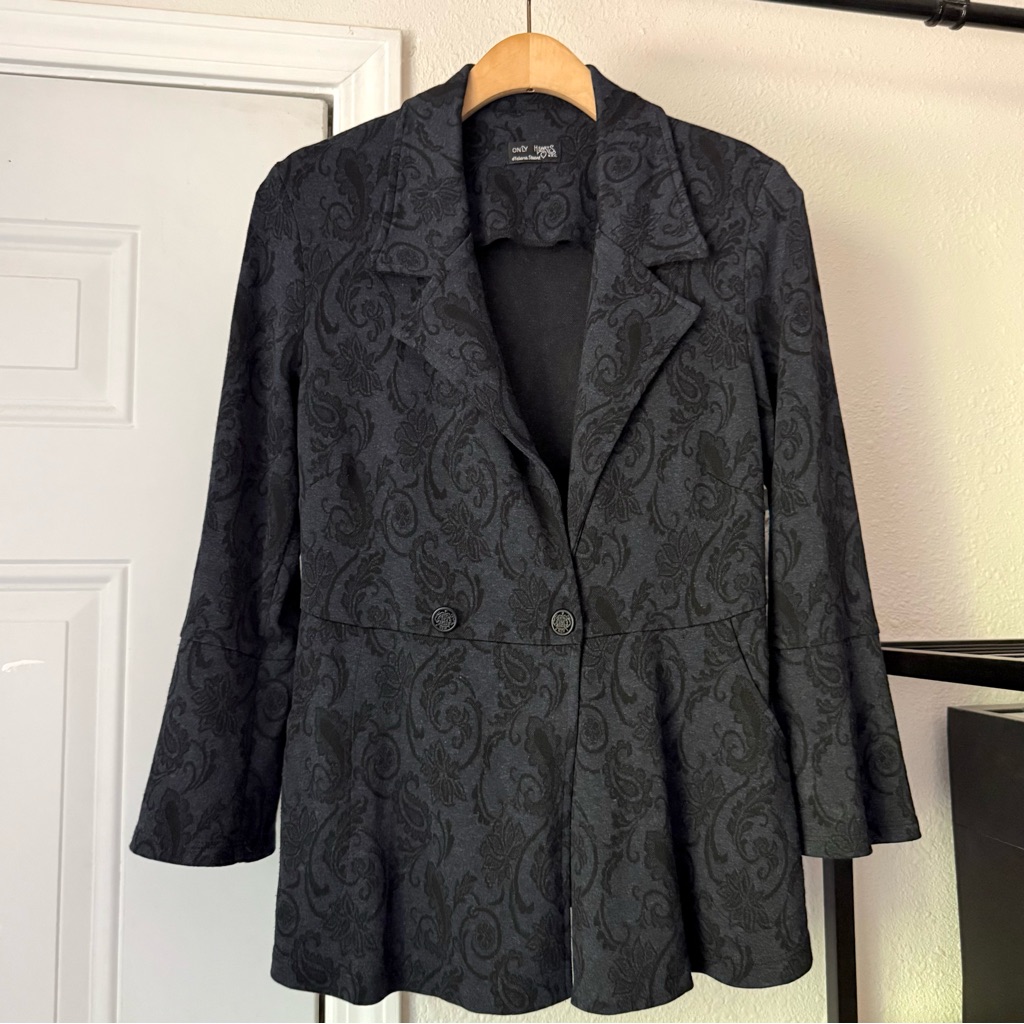 Only Hearts Nyc Black Satin Paisley Floral Double Breasted Long Sleeve Jacket